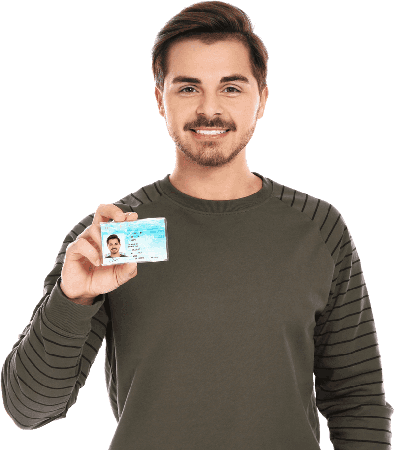 Man smiling and showing his ID card